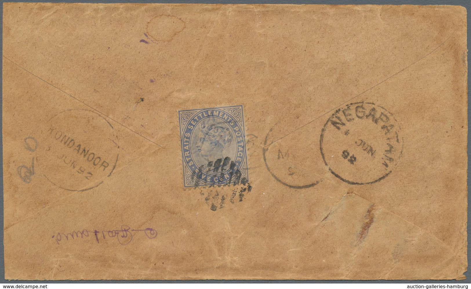 Malaiische Staaten - Selangor: 1892 Cover To India Franked On The Reverse With 5c Blue Straits Settl - Selangor