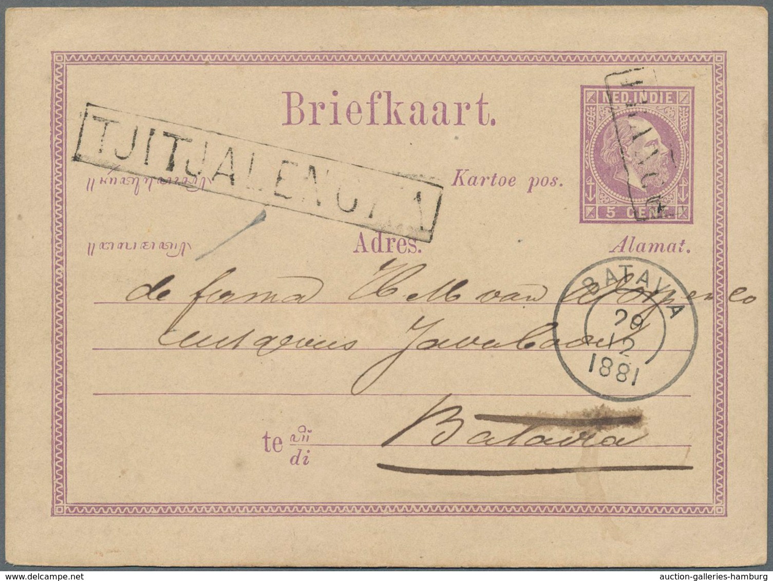 Niederländisch-Indien: 1881: Two Postal Stationery Cards 5c. Violet (Types I And II) Used To Batavia - Niederländisch-Indien