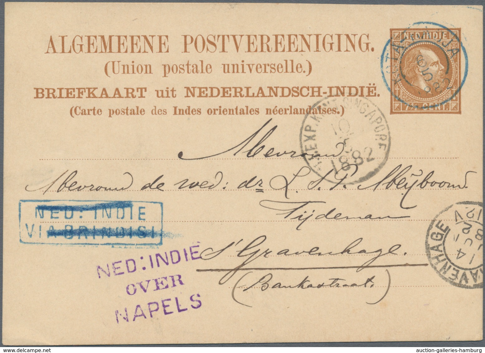 Niederländisch-Indien: 1882, Postal Stationery Card 7 1/2 C Brown Cancelled By Kota Raja Date Stamp - Niederländisch-Indien