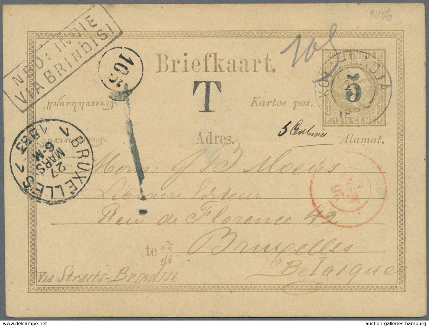 Niederländisch-Indien: 1883, Postal Stationery Card 5 On 12½c. Used From Kota-Radja To Brussels, Bel - Nederlands-Indië