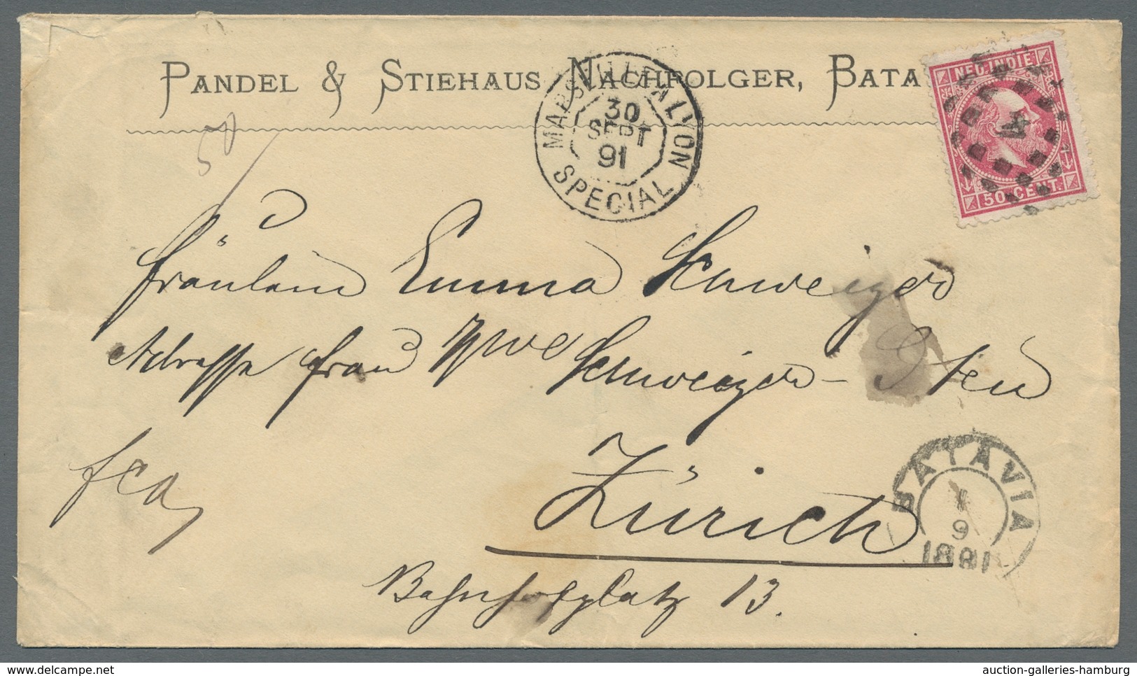 Niederländisch-Indien: 1891, King Wilhelm III 50 Cent Neat Single Franking On Attractive Overseas Co - India Holandeses