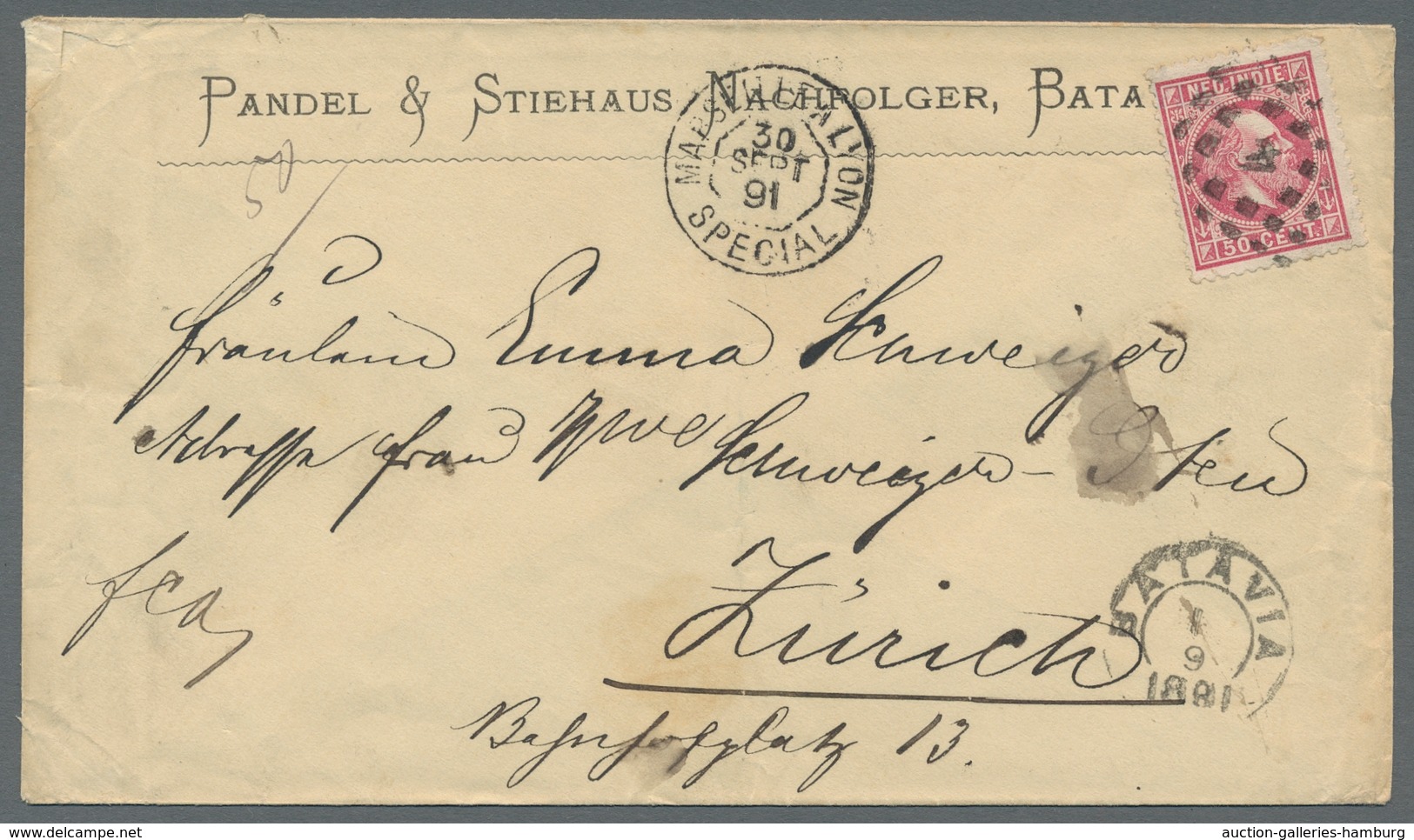 Niederländisch-Indien: 1891, King Wilhelm III 50 Cent Neat Single Franking On Attractive Overseas Co - Nederlands-Indië