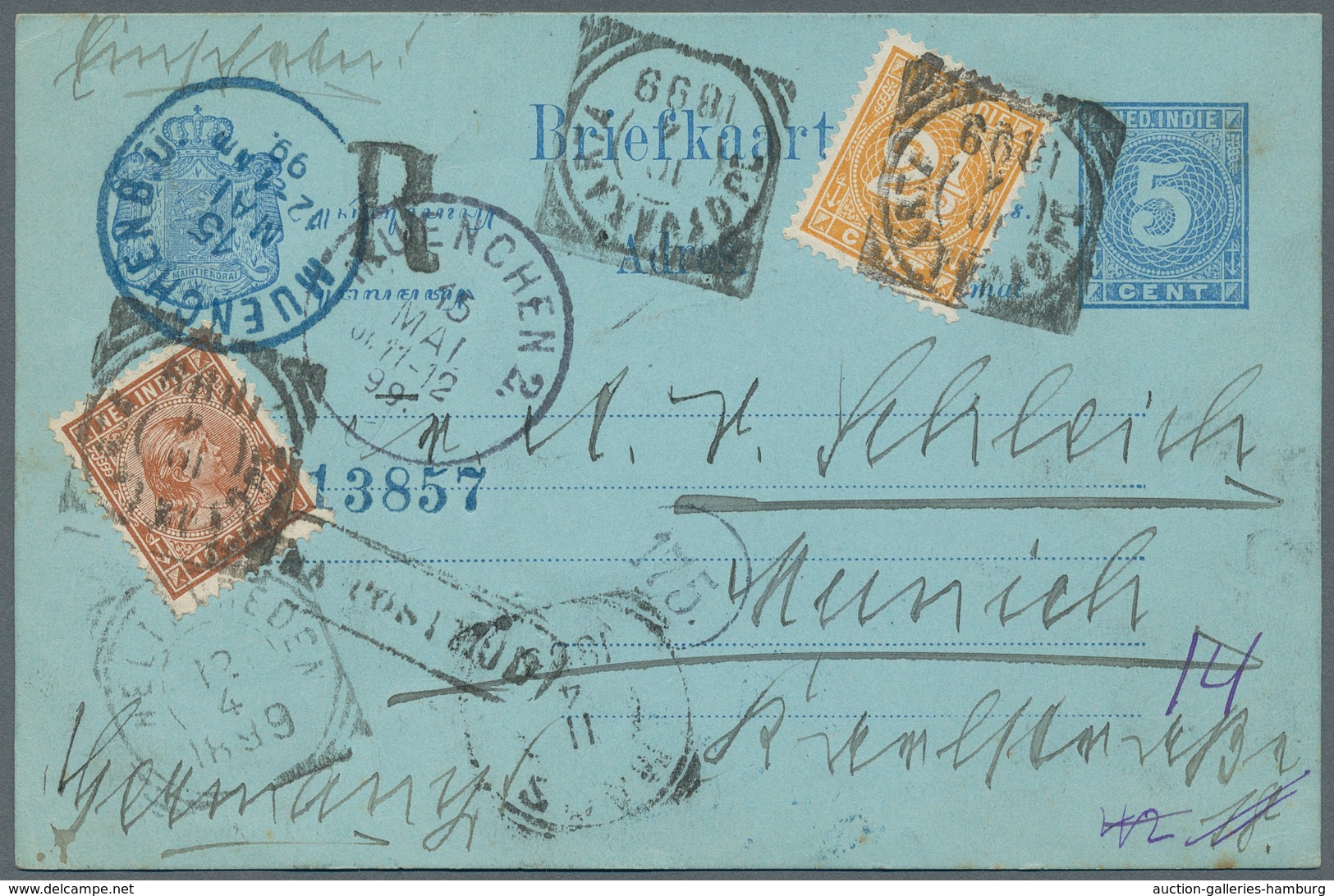 Niederländisch-Indien: 1899, 5 Cent. Stationery Card Uprated With 2 1/2 C. Numeral And 10 C. Wilhelm - Niederländisch-Indien