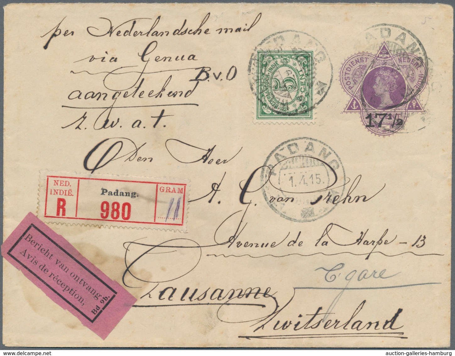 Niederländisch-Indien: 1908 Postal Stationery Envelope 17½ On 25c. Violet Used Registered With A.R. - Niederländisch-Indien