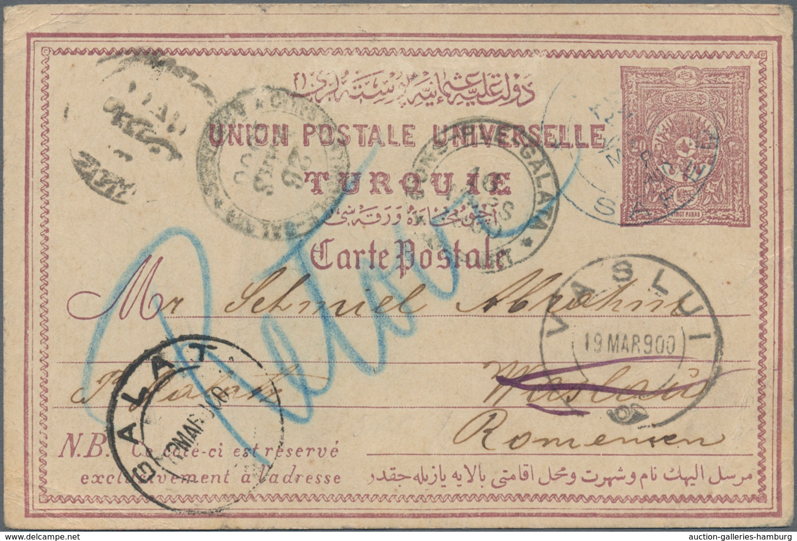 Palästina: 1900, Turkey 20 Para Postal Stationery Card Tied By "SAFED" Cds., To VASLUI With Arrival - Palestina
