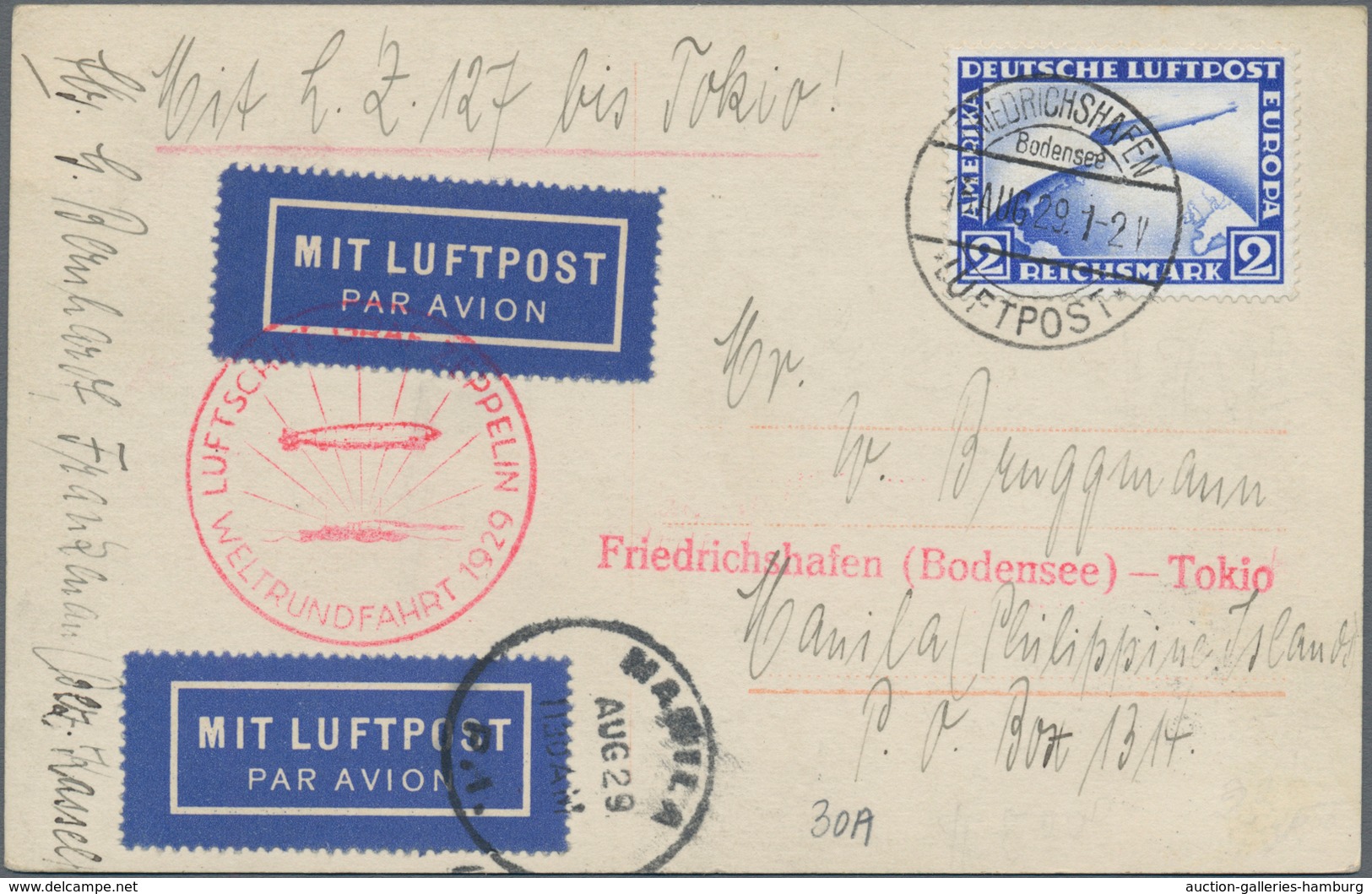 Philippinen: 1929, Incoming Souvenir Postcard "Graf Zeppelin" Franked With 2 RM Zeppelin Blue, Red S - Filipinas