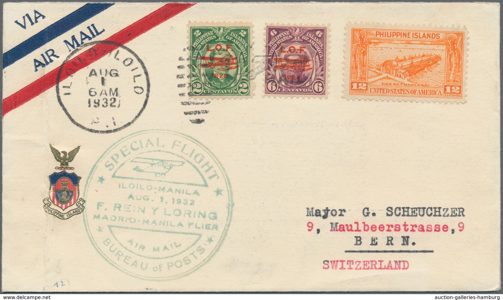Philippinen: 1932, 1.8.: FiRst Flight Cover "ILOILO - MANILA" Forwarded To Bern, Switzerland. - Philippines