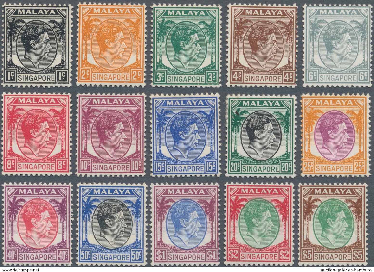 Singapur: 1948, KGVI Definitives Perf. 14 Complete Set Of 15, Mint Hinged, SG. £ 180 - Singapour (...-1959)