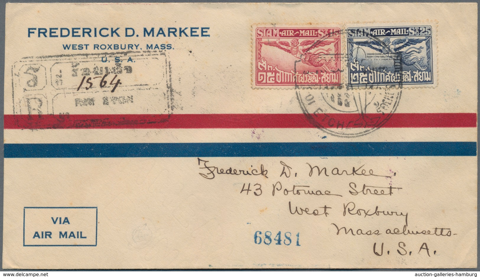 Thailand: 1926/1931, Registered Airmail Cover From Roi Etch To West Roxbury, Mass., U.S.A. Via Roi E - Thailand