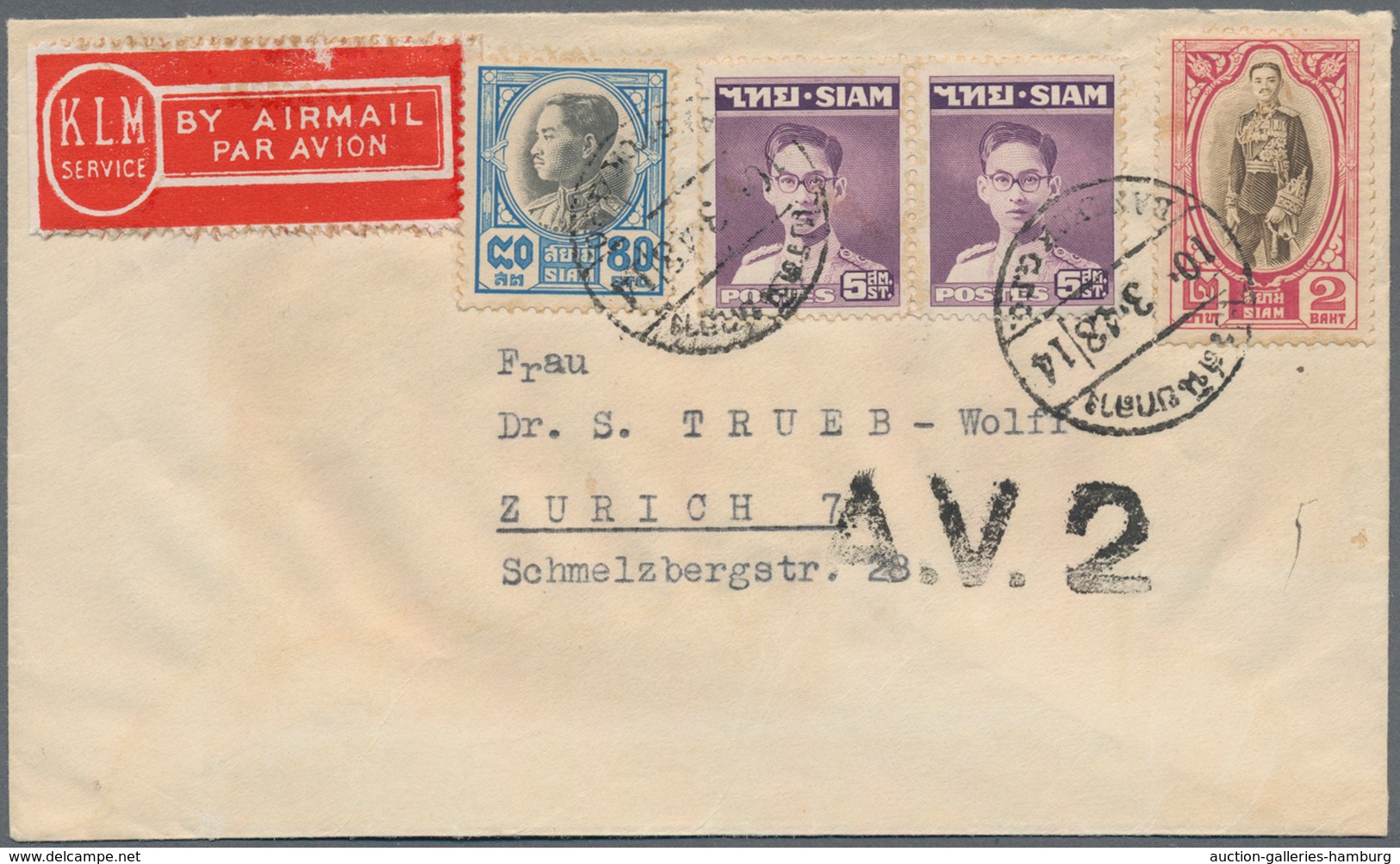 Thailand: 1928/51, Three Airmail Covers To Switzerland (2 Inc. Large A.V.2 Hs., Or Registered) Or To - Thailand