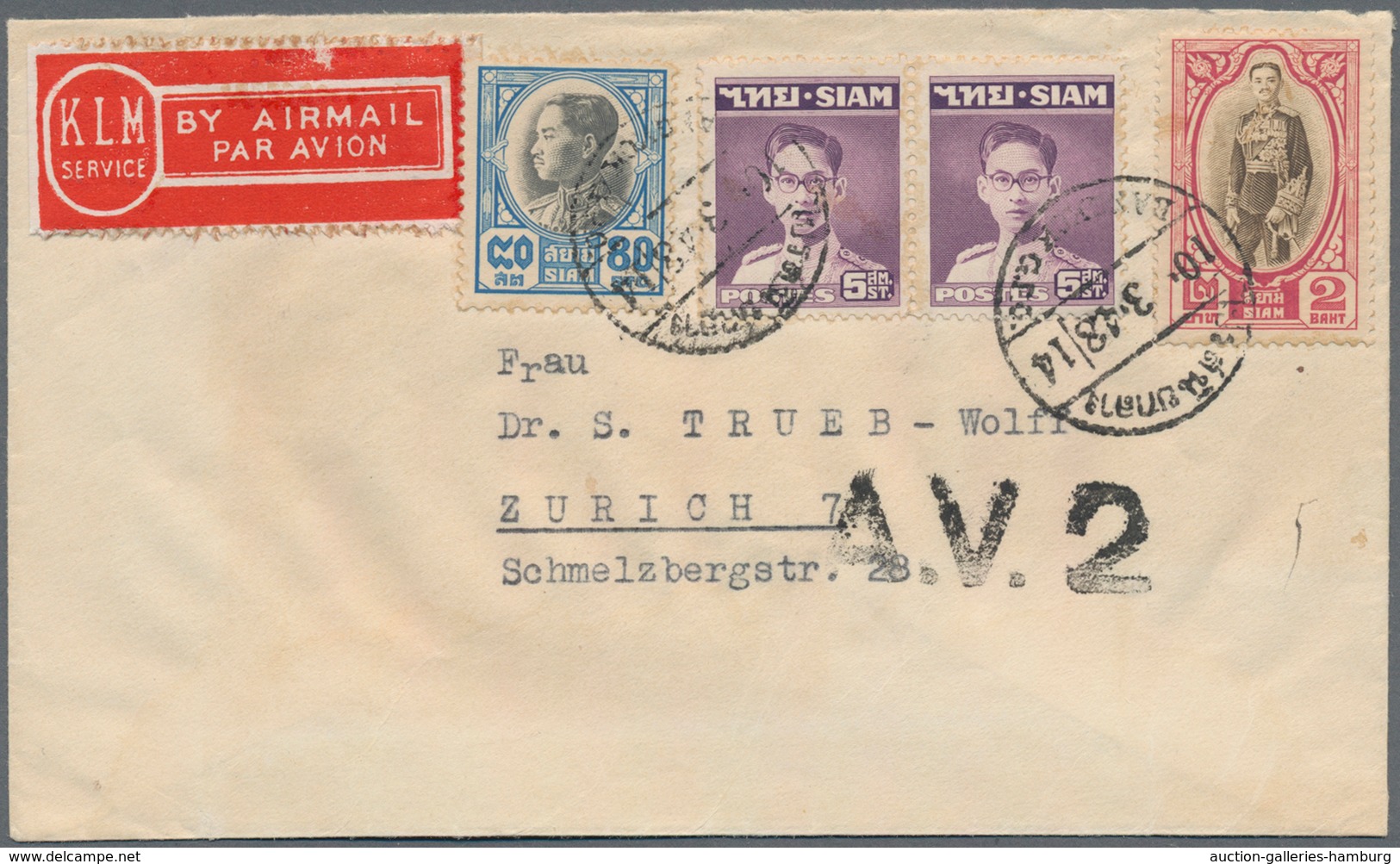 Thailand: 1928/51, Three Airmail Covers To Switzerland (2 Inc. Large A.V.2 Hs., Or Registered) Or To - Thaïlande