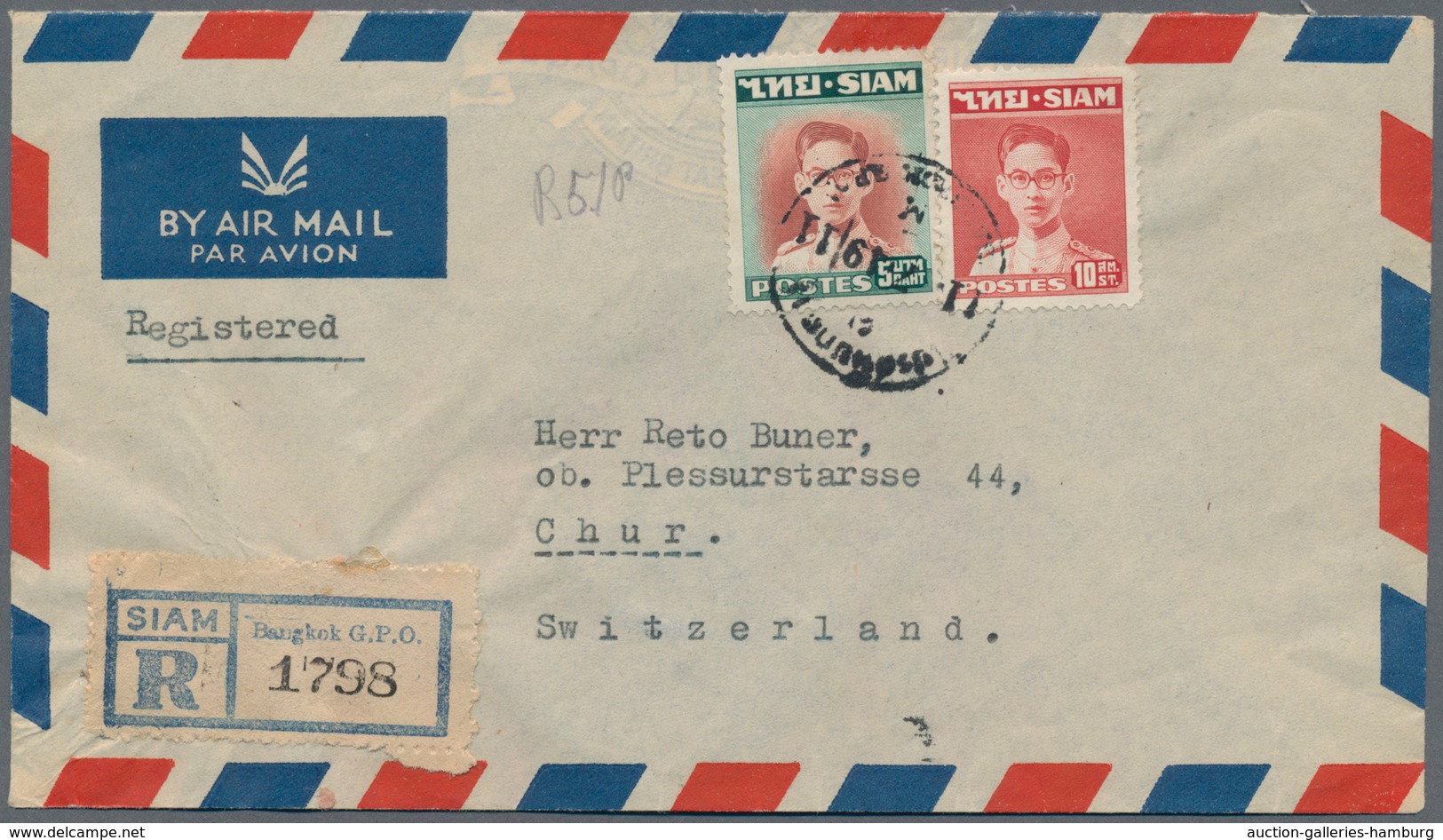 Thailand: 1928/51, Three Airmail Covers To Switzerland (2 Inc. Large A.V.2 Hs., Or Registered) Or To - Thailand