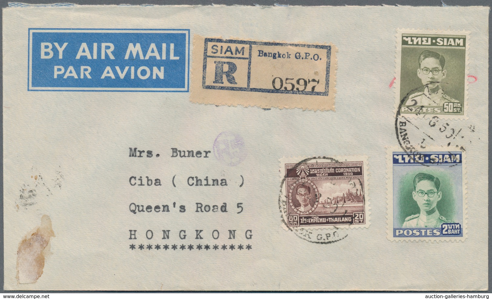 Thailand: 1937/50, Coronation 2 B. Etc., Three Registered Airmail Covers Used 1949/50 To Hong Kong. - Thaïlande