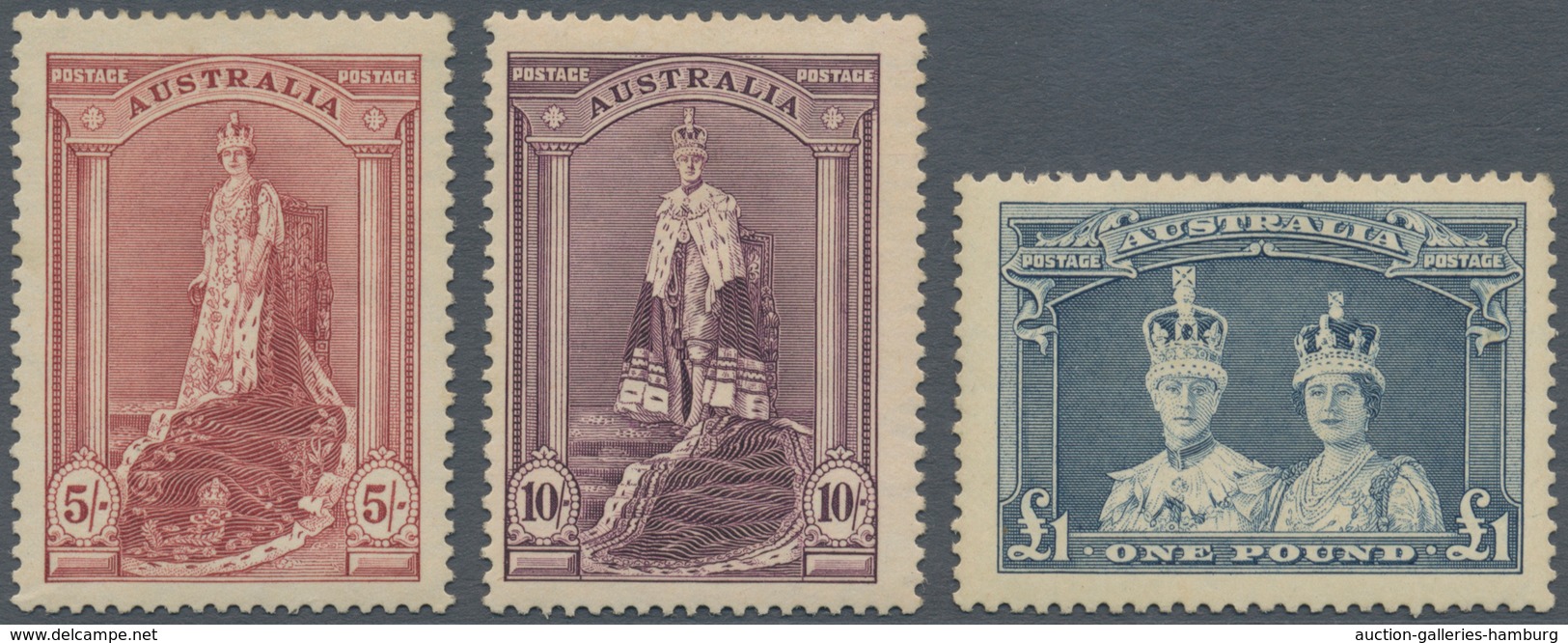 Australien: 1938 KGVI. Definitives 5s. Claret, 10s. Dull Purple And £1 Bluish Slate All Mint Lightly - Nuevos