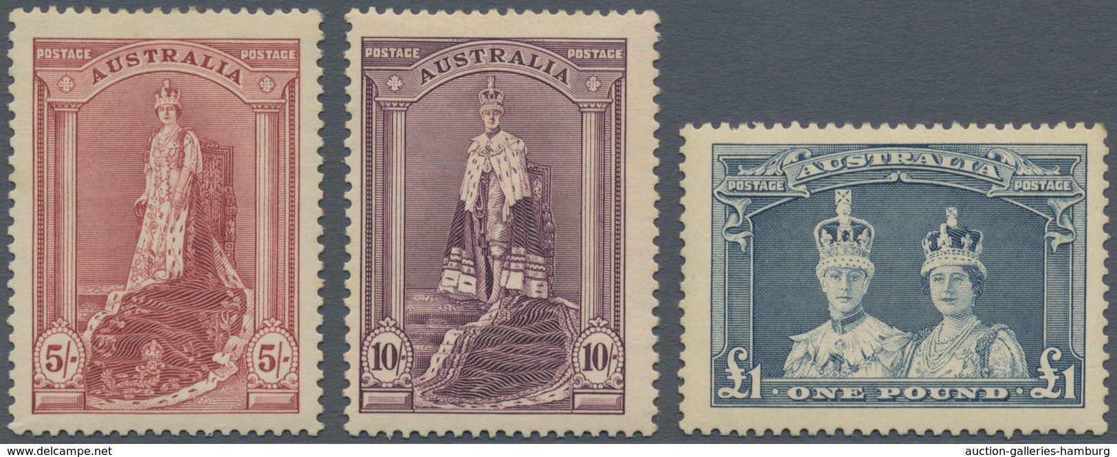 Australien: 1938 KGVI. Definitives 5s. Claret, 10s. Dull Purple And £1 Bluish Slate All Mint Lightly - Ongebruikt