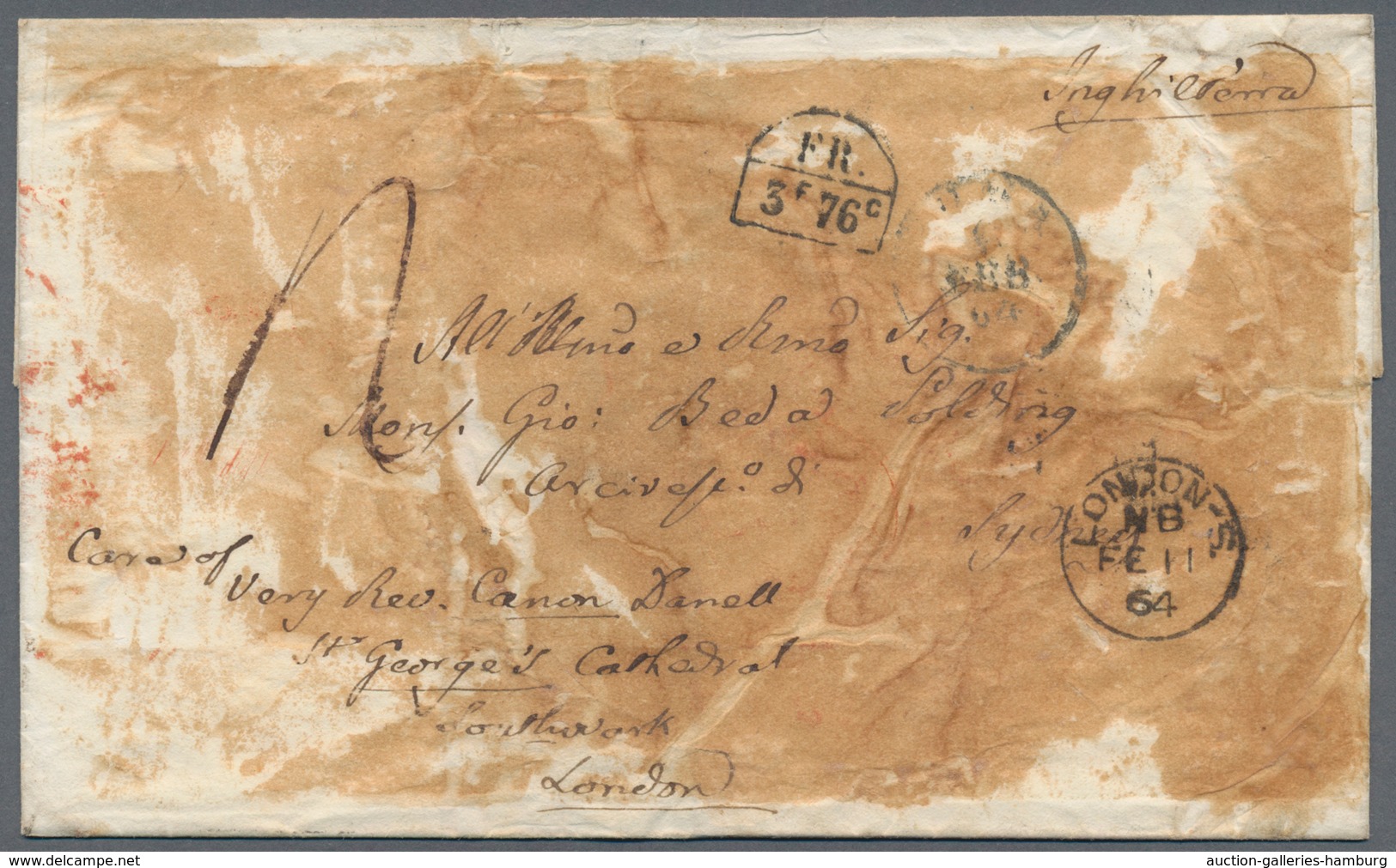 Australien - Besonderheiten: 1864, Single-rate Unpaid Letter From Rome To The Archbishop Of Sydney, - Autres & Non Classés
