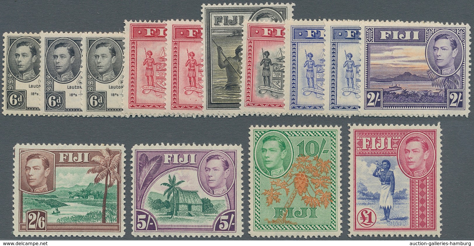 Fiji-Inseln: 1938/1955, KGVI Pictorial Definitives Complete Set Of 22 And Additional Perforations/sh - Fidschi-Inseln (...-1970)