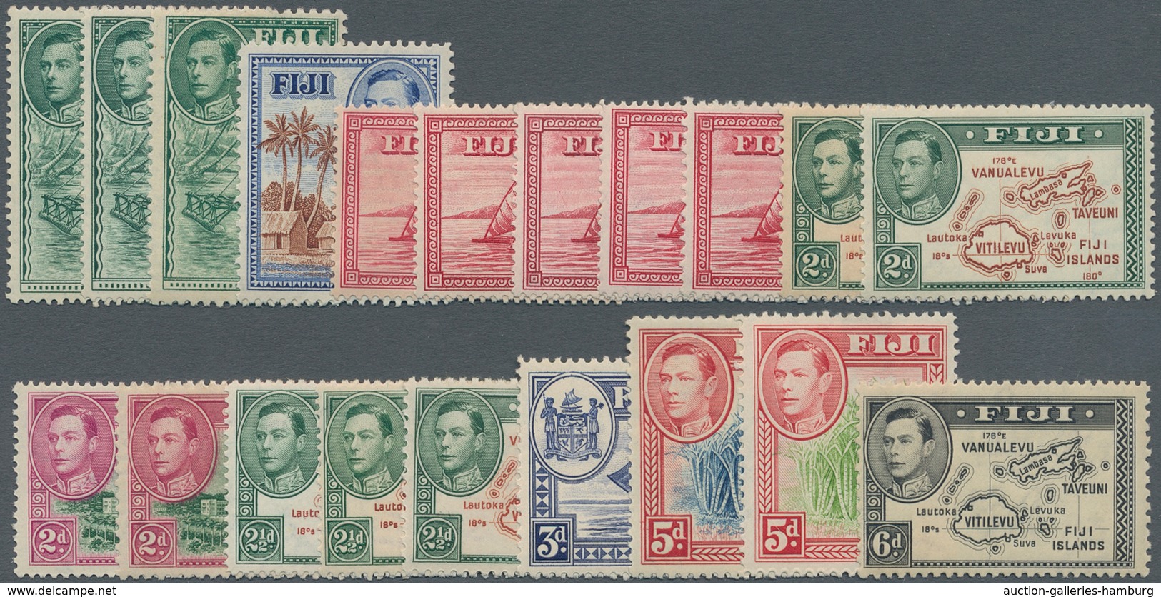 Fiji-Inseln: 1938/1955, KGVI Pictorial Definitives Complete Set Of 22 And Additional Perforations/sh - Fidschi-Inseln (...-1970)