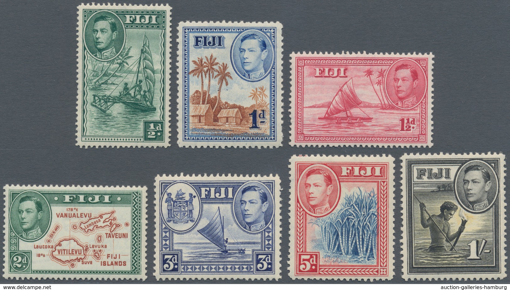 Fiji-Inseln: 1938 Seven Stamps Of KGVI. Series, With ½d. Perf 14, 1d., 1½d. And 2d. Both Die I, 3d., - Fidschi-Inseln (...-1970)