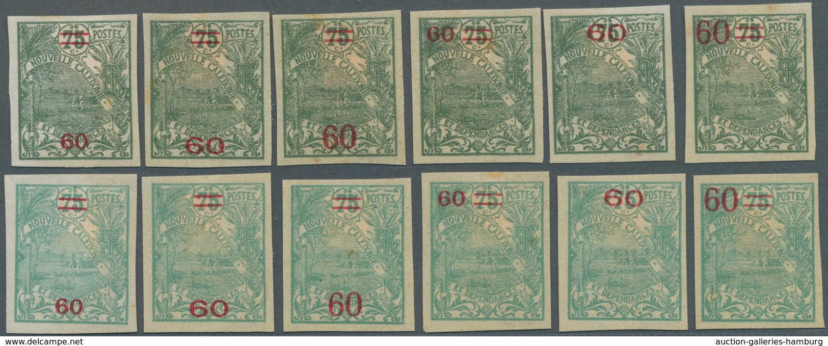 Neukaledonien: 1924, Revaluation Overprints, 60c. On 75c., Group Of Twelve Imperforate Proofs On Ung - Otros & Sin Clasificación