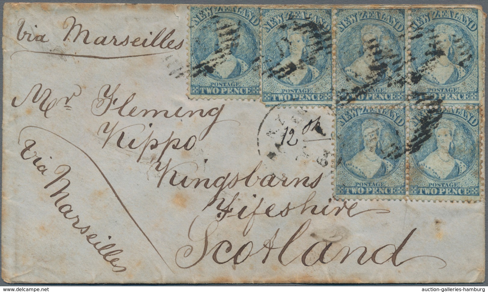 Neuseeland: 1864, 2 D Pale Blue In Block Of Four With Two Singles Covering The 10 D Rate For This Le - Sonstige & Ohne Zuordnung