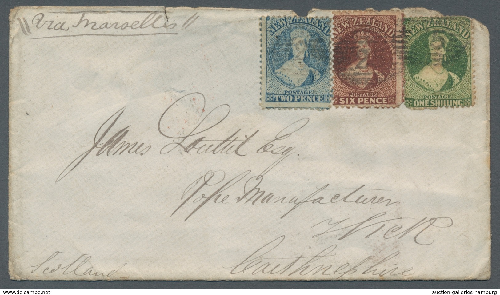 Neuseeland: 1864, Queen Victoria 1 Shilling, 2 And 6 Pence As Highly Attractive Three-color Franking - Other & Unclassified