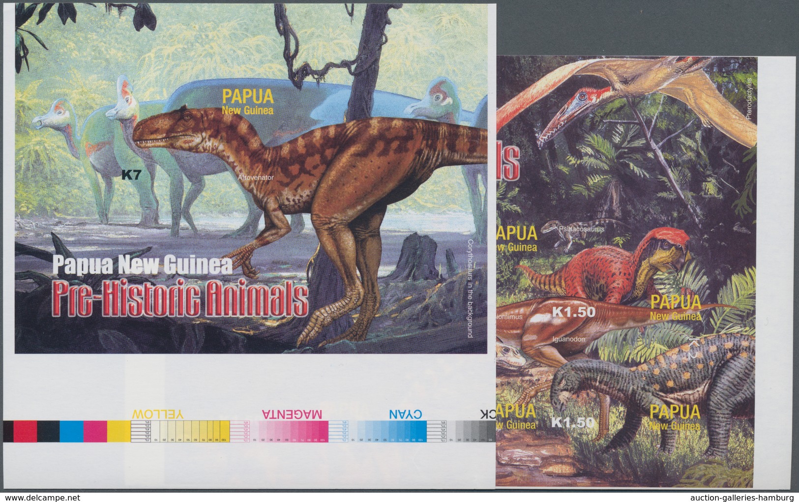 Papua Neuguinea: 2004, Prehistoric Animals Complete Set Of Six In Vertical IMPERFORATE Pairs, The Im - Papúa Nueva Guinea