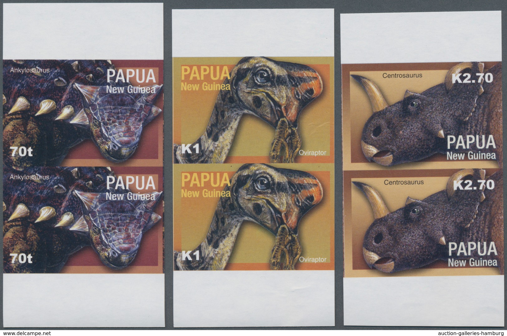 Papua Neuguinea: 2004, Prehistoric Animals Complete Set Of Six In Vertical IMPERFORATE Pairs, The Im - Papouasie-Nouvelle-Guinée