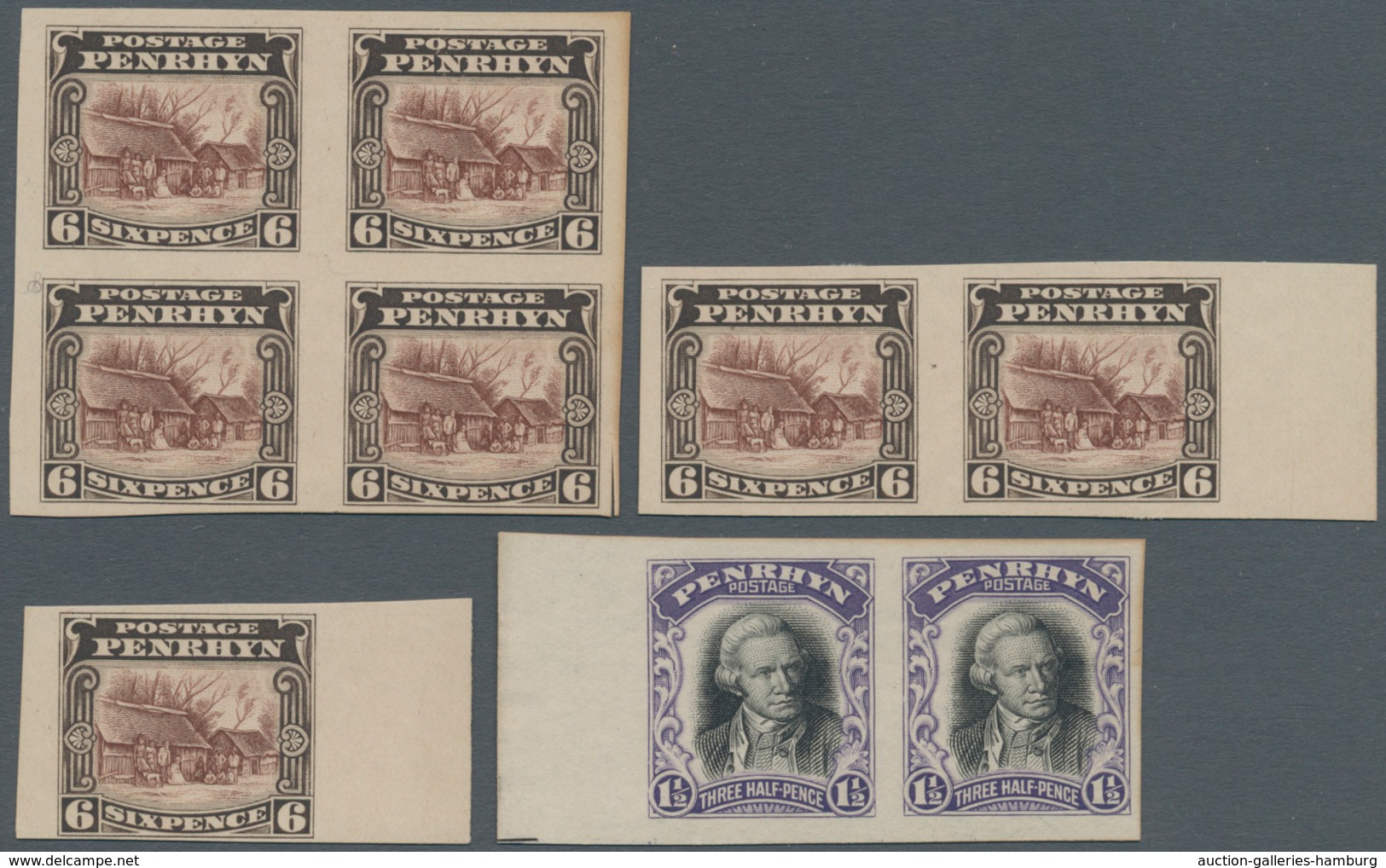 Penrhyn: 1920, Pictorials, Group Of Nine Imperforate Stamps On Ungummed Paper (toning On Reverse): 1 - Penrhyn
