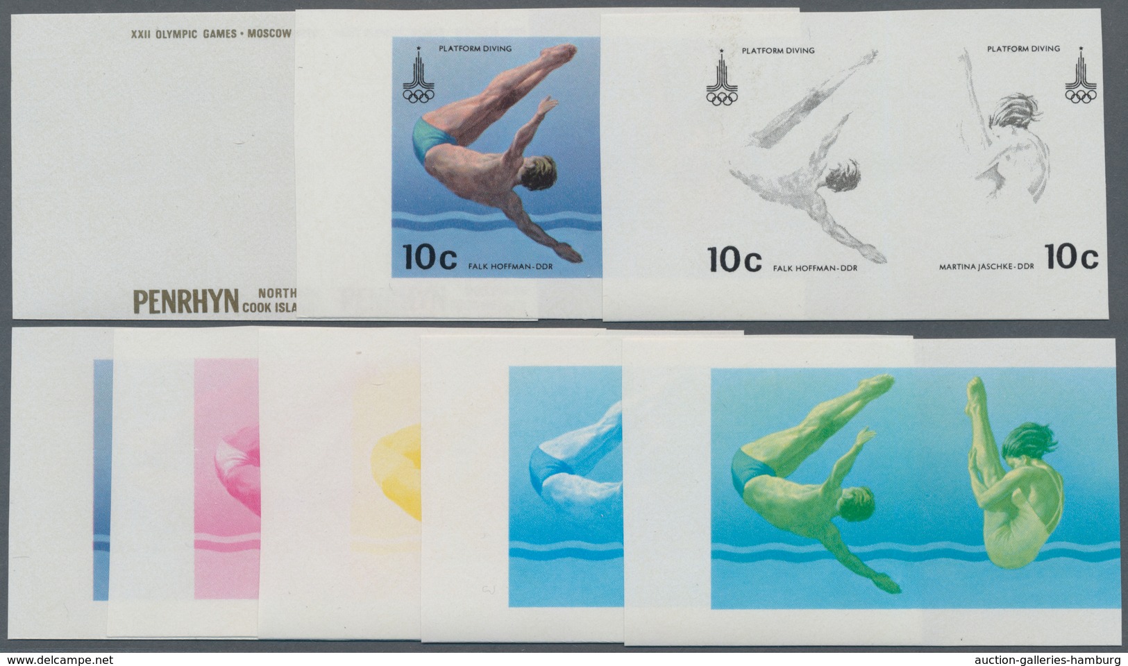 Penrhyn: 1980 Olympic Games Moscow 80 Diving Phase Printings Of Different Colours (ex Fournier) - Penrhyn