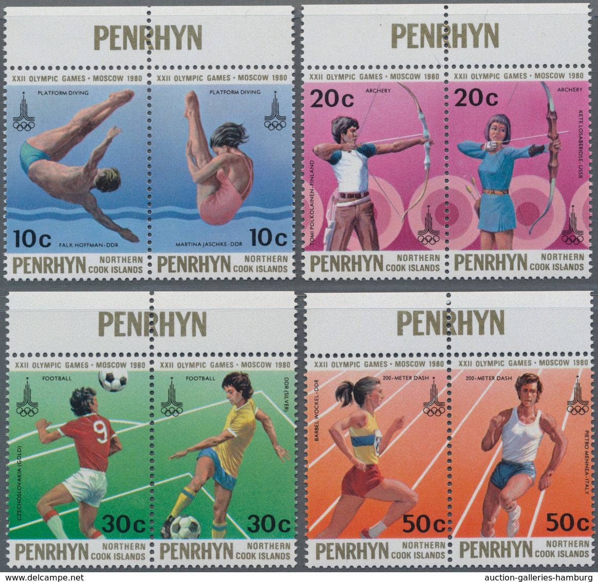 Penrhyn: 1980 Olympic Games Moscow 80 Diving Phase Printings Of Different Colours (ex Fournier) - Penrhyn