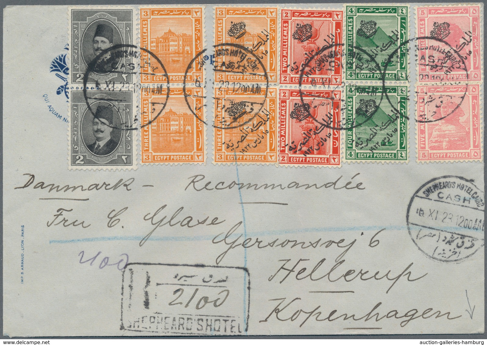 Ägypten: 1923 (16th Nov.), Registered Envelope Of Shepheard's Hotel, Cairo To Hellerup, Copenhagen, - Sonstige & Ohne Zuordnung