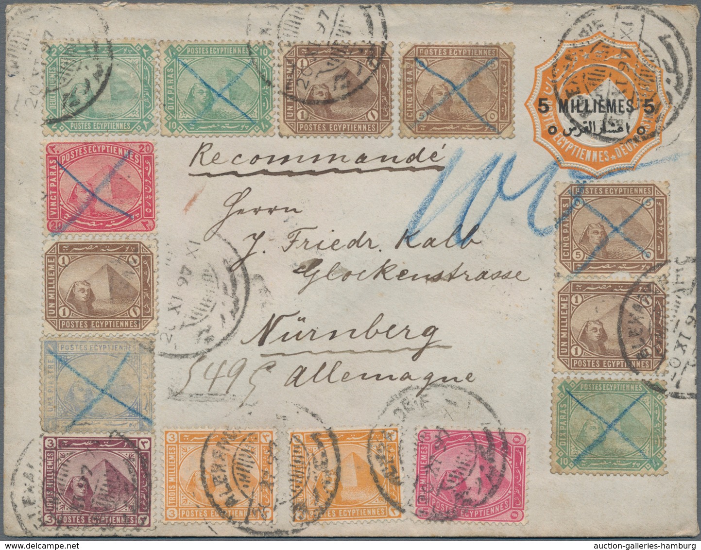 Ägypten - Ganzsachen: 1897, 5 M On 2 Pia Orange Postal Stationery Envelope, Uprated With 10 Stamps ( - Sonstige & Ohne Zuordnung