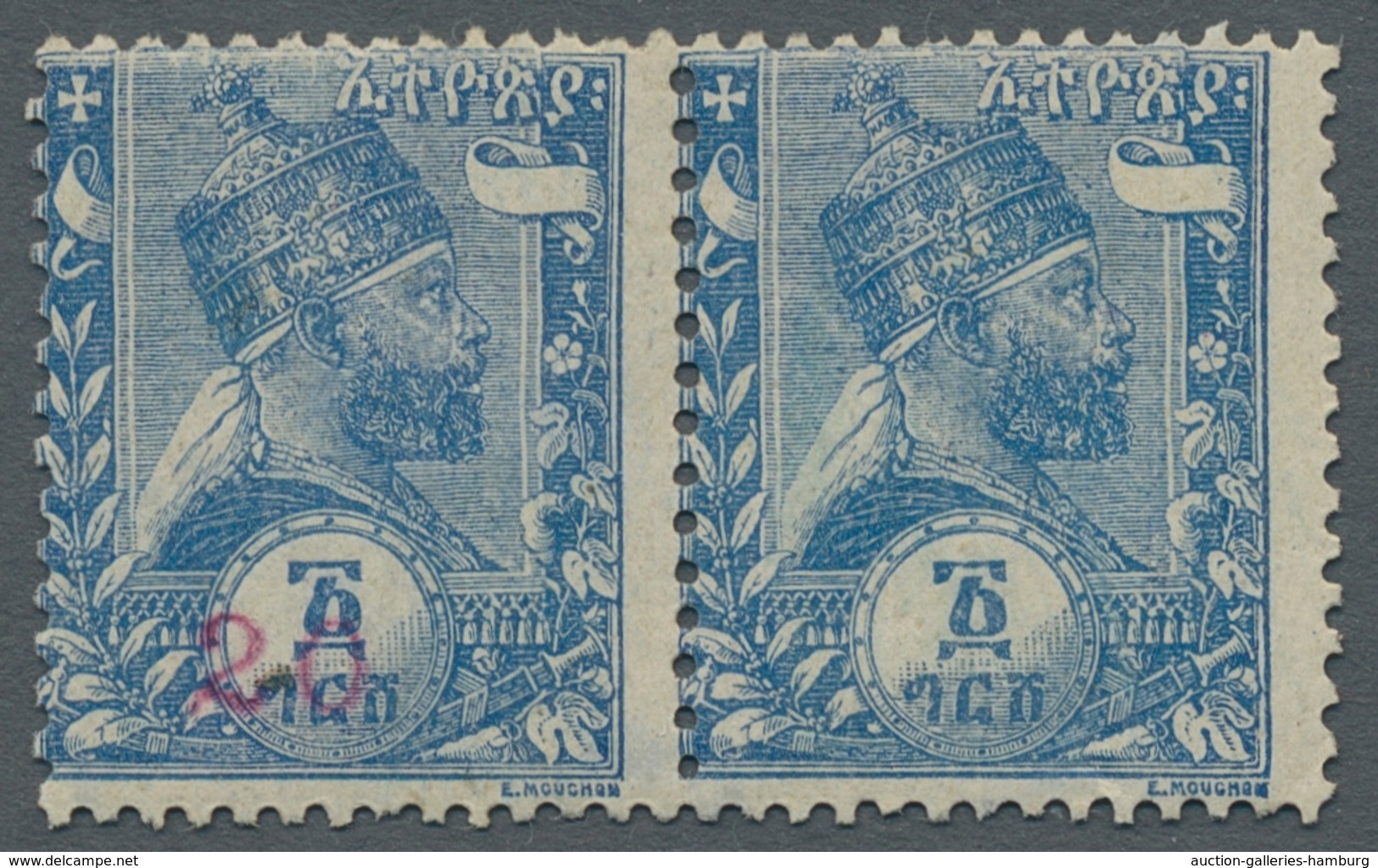 Äthiopien: 1905, "20 (C.) Numerals" Pair With Misscolored Pink Overprint And Without Overprint, Very - Ethiopia