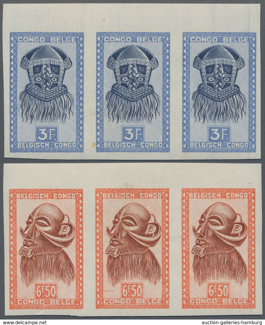 Belgisch-Kongo: 1949, African Art 3 Franc And 6,50 Franc Imperforated In Strip Of Three - Sonstige & Ohne Zuordnung