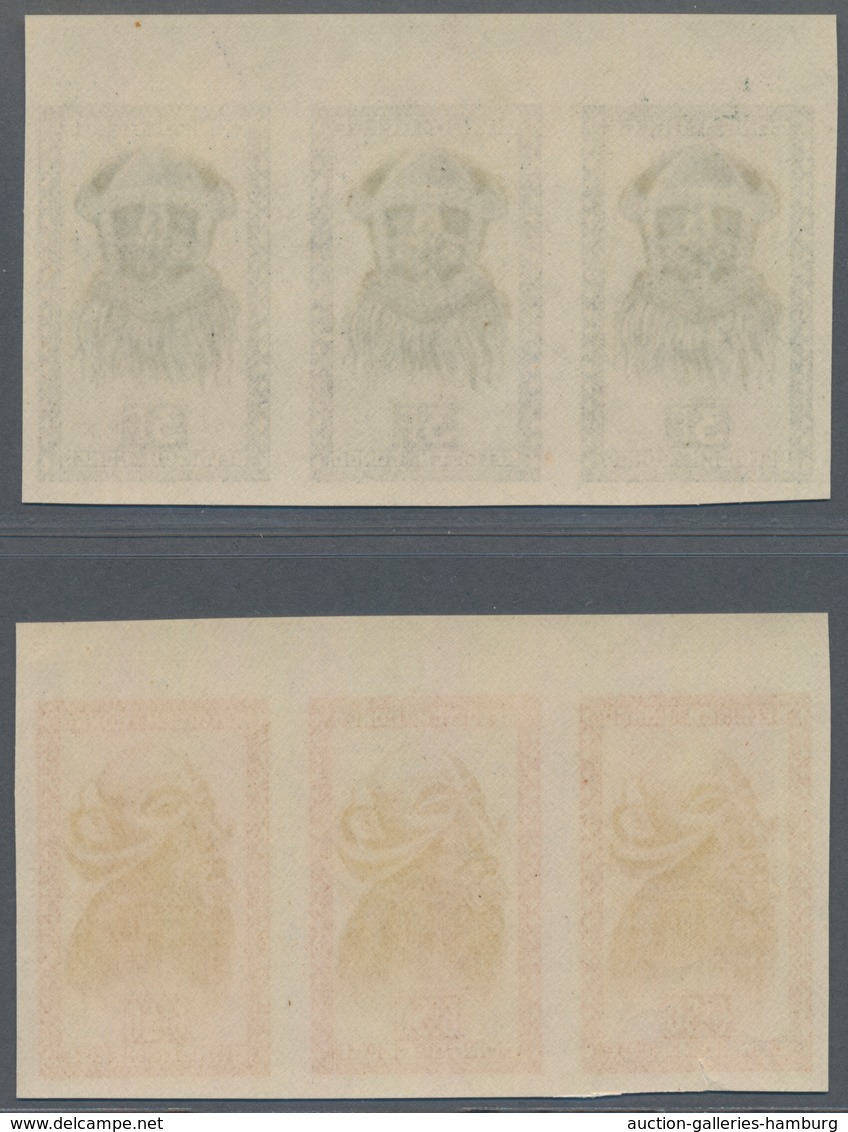 Belgisch-Kongo: 1949, African Art 3 Franc And 6,50 Franc Imperforated In Strip Of Three - Other & Unclassified