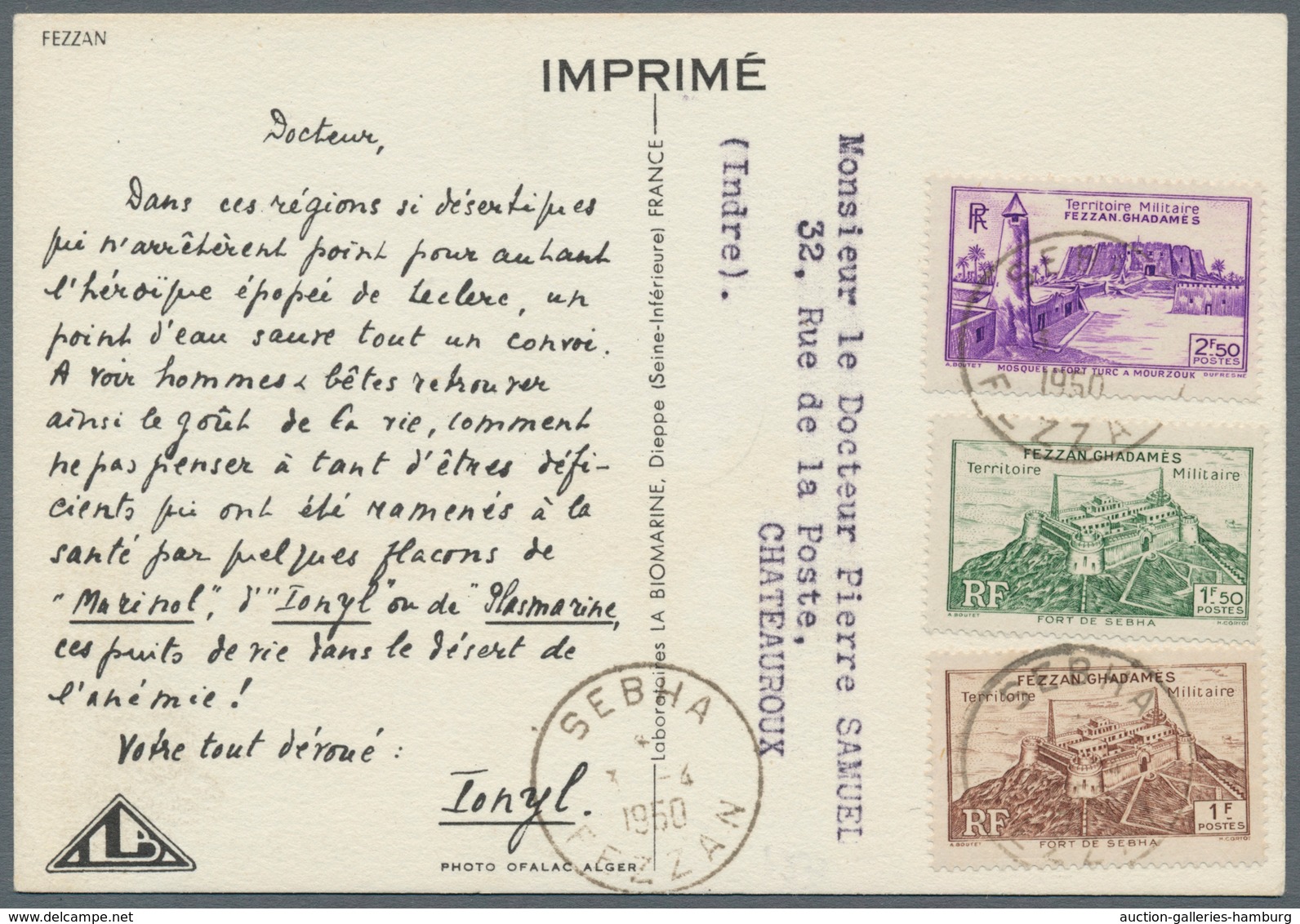 Fezzan: 1950, 1fr. Brown, 1.50fr. Green And 2.50fr. Violet, Attractive Franking On Ppc With Comprehe - Briefe U. Dokumente