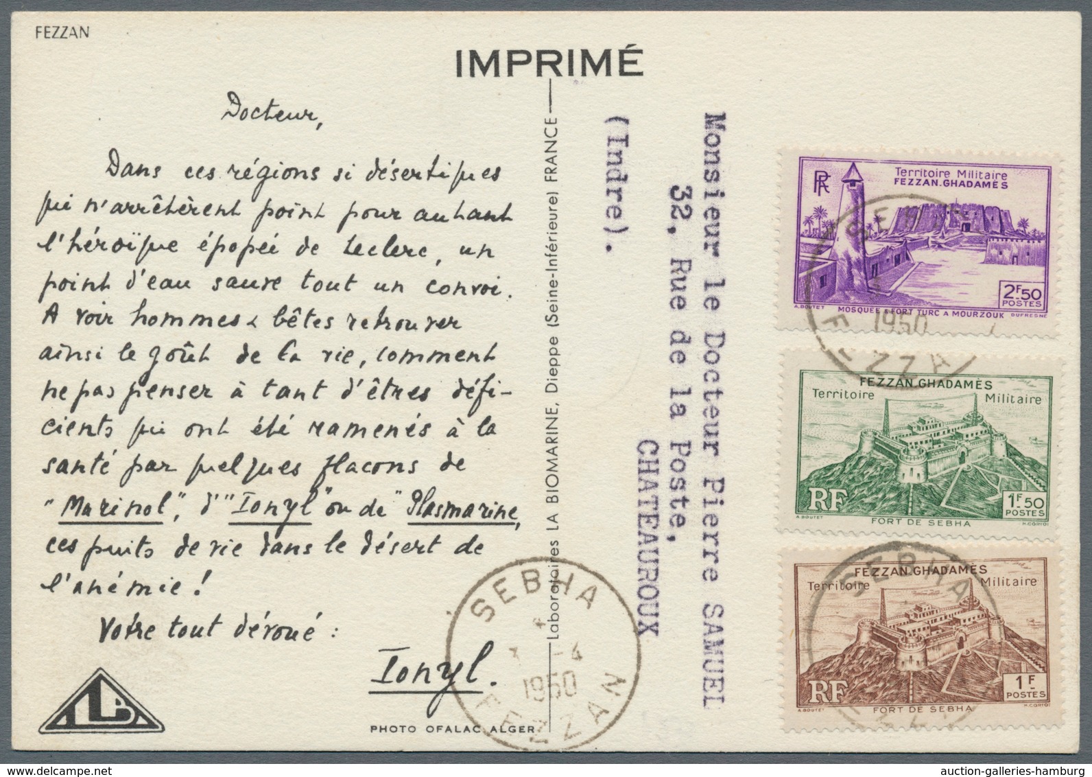 Fezzan: 1950, 1fr. Brown, 1.50fr. Green And 2.50fr. Violet, Attractive Franking On Ppc With Comprehe - Lettres & Documents