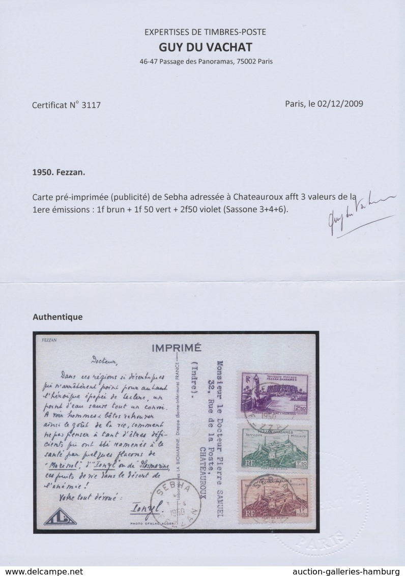 Fezzan: 1950, 1fr. Brown, 1.50fr. Green And 2.50fr. Violet, Attractive Franking On Ppc With Comprehe - Cartas & Documentos