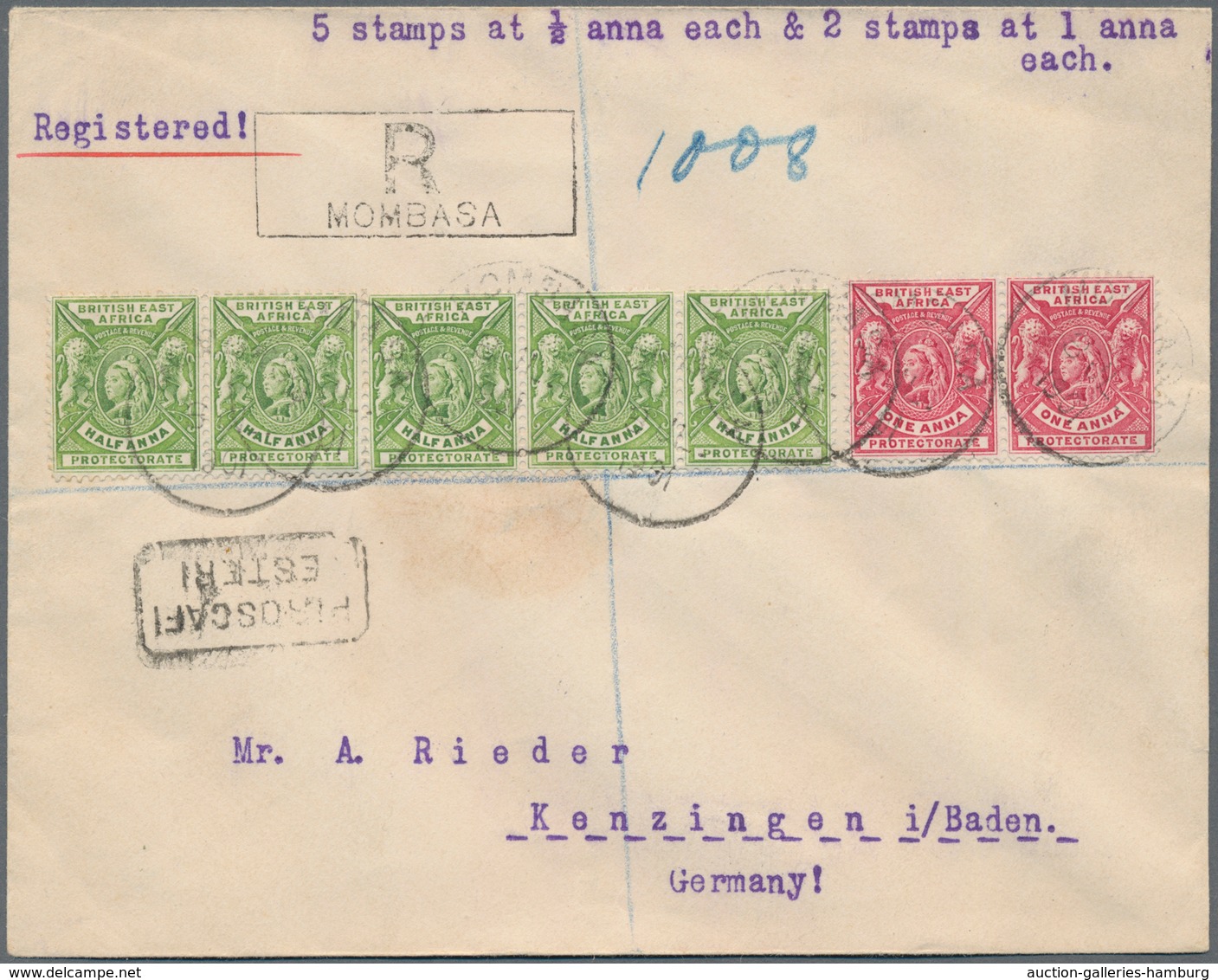 Kenia - Britisch Ostafrika: 1901 Registered Cover Sent From Mombasa To Germany Via Italy In 1901, Fr - Britisch-Ostafrika