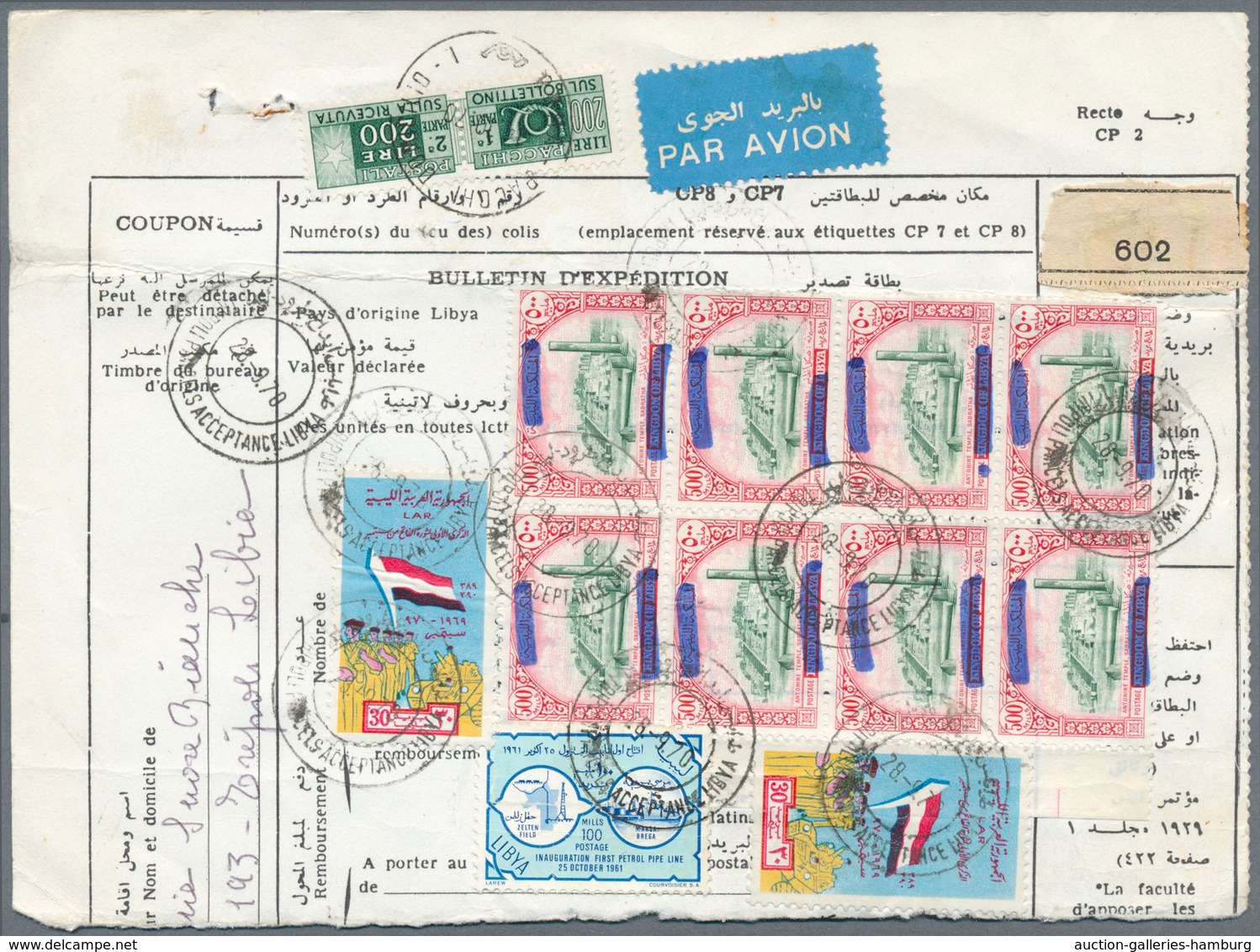 Libyen: 1970: Parcel Card Sent To Italy Franked With 1965 High Value 500 M In Very Fine Bloc Of Eigh - Libië