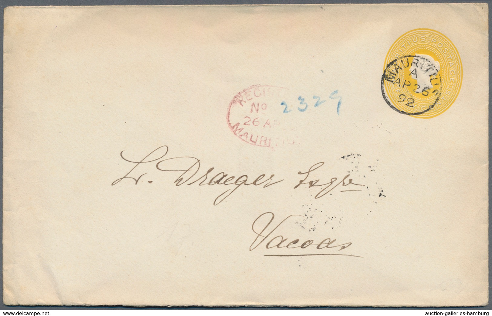 Mauritius: 1892. 50c Yellow Postal Stationery Envelope, Cancelled Mauritius A AP 26 92 And Oval Regi - Mauritius (...-1967)