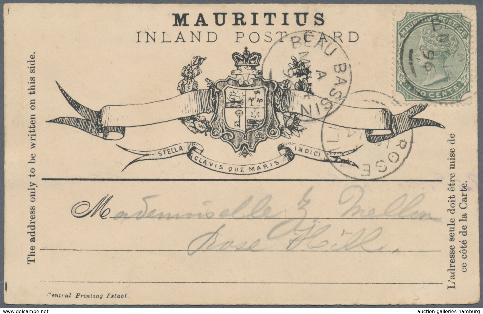 Mauritius: 1896/1897. Mauritius Inland Postcard With Queen Victoria 2c Green Cancelled Beau Bassin A - Mauricio (...-1967)
