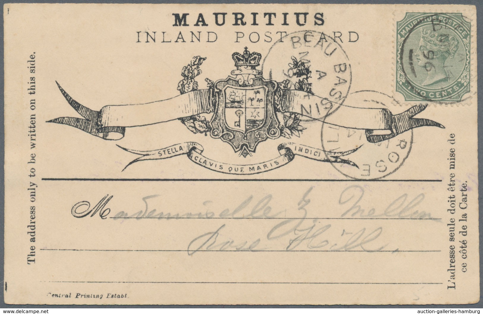 Mauritius: 1896/1897. Mauritius Inland Postcard With Queen Victoria 2c Green Cancelled Beau Bassin A - Maurice (...-1967)