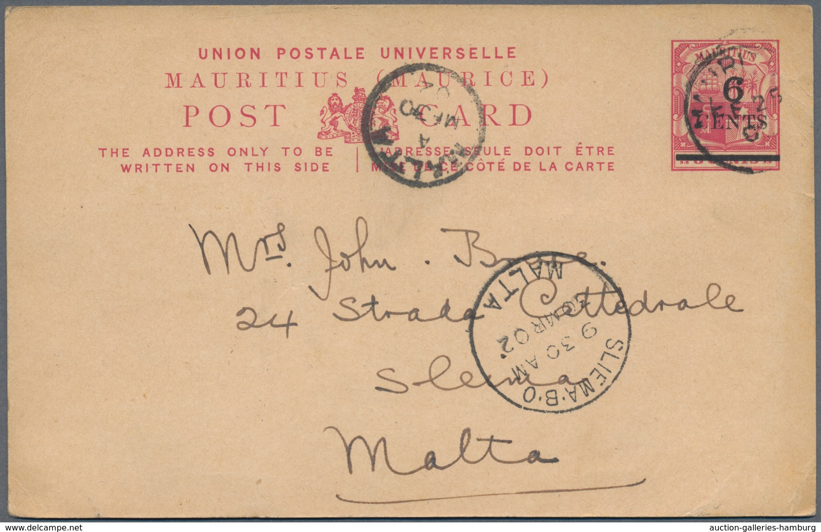 Mauritius: 1902: 8c Carmine Postal Stationery Card Overprinted 6 Cents In Black Addressed To Malta C - Mauricio (...-1967)