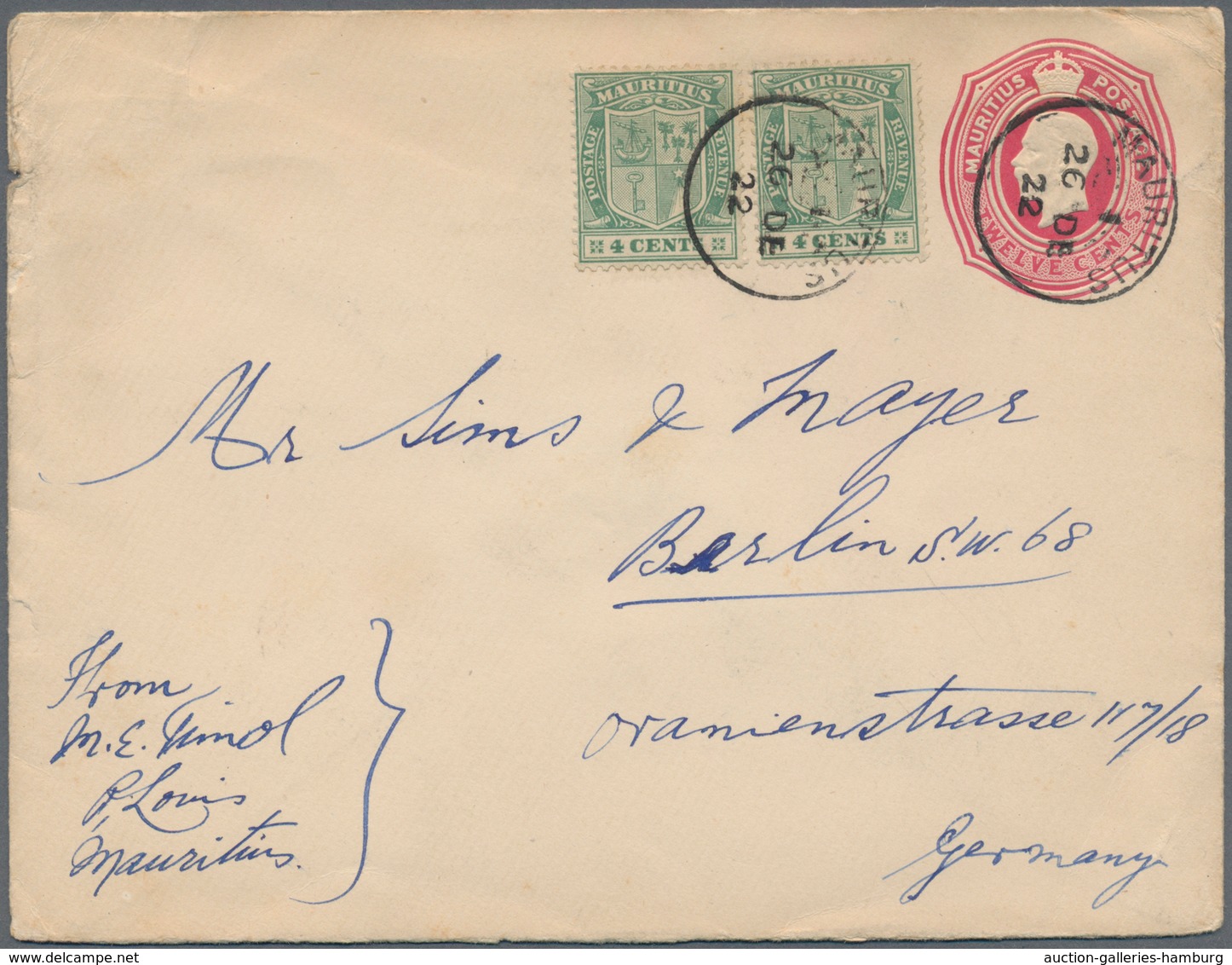 Mauritius: 1922. King George V 12c Carmine Envelope With Two 4c Added Cancelled Mauritius 26 DE 22 A - Maurice (...-1967)
