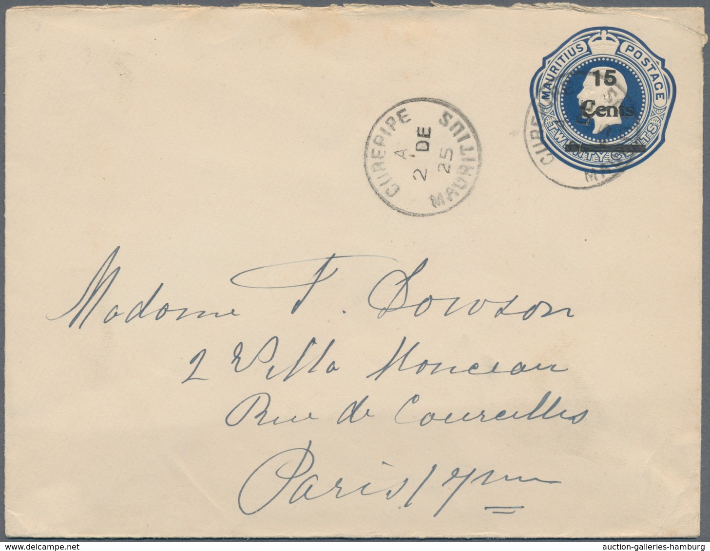 Mauritius: 1925. King George V 20c Blue Envelope Overprinted 15 Cents In Black Cancelled Curepipe A - Mauricio (...-1967)