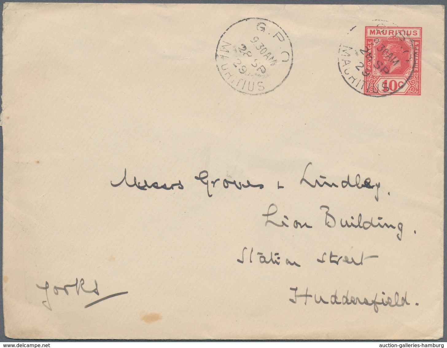 Mauritius: 1929.  King George V 10c Red Envelope Cancelled GPO Mauritius 9.30 Am 28 SP 29 Addressed - Mauricio (...-1967)