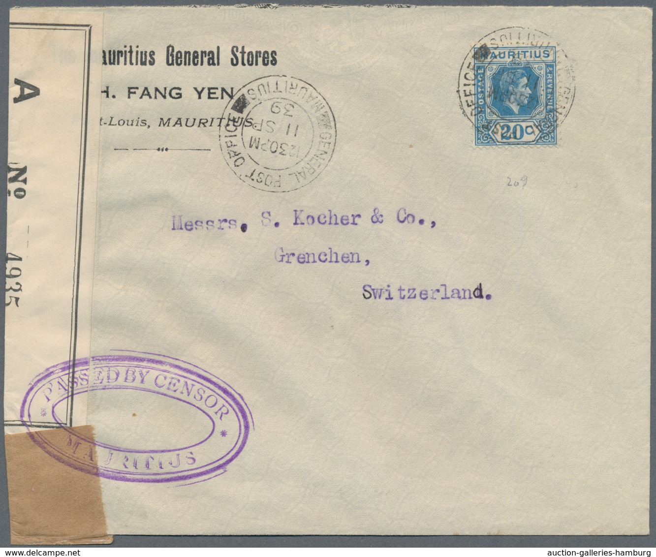 Mauritius: 1939 Censored Cover To Switzerland Franked By 1938 20c. Blue Tied By G.P.O. Mauritius '11 - Mauricio (...-1967)