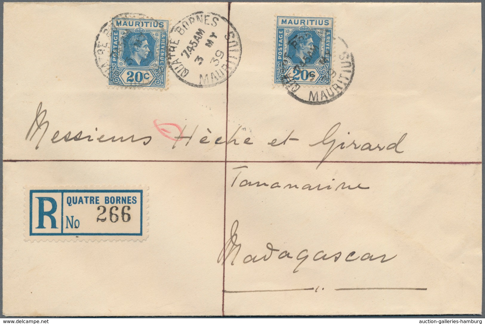 Mauritius: 1939 Registered Cover From Quatre Bornes To Tananarive, Madagascar Franked By Two Singles - Mauricio (...-1967)